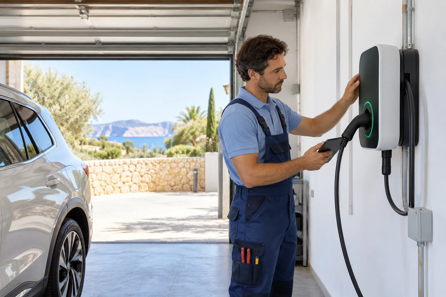 Profesional con uniforme azul: cargadores de vehículos eléctricos
