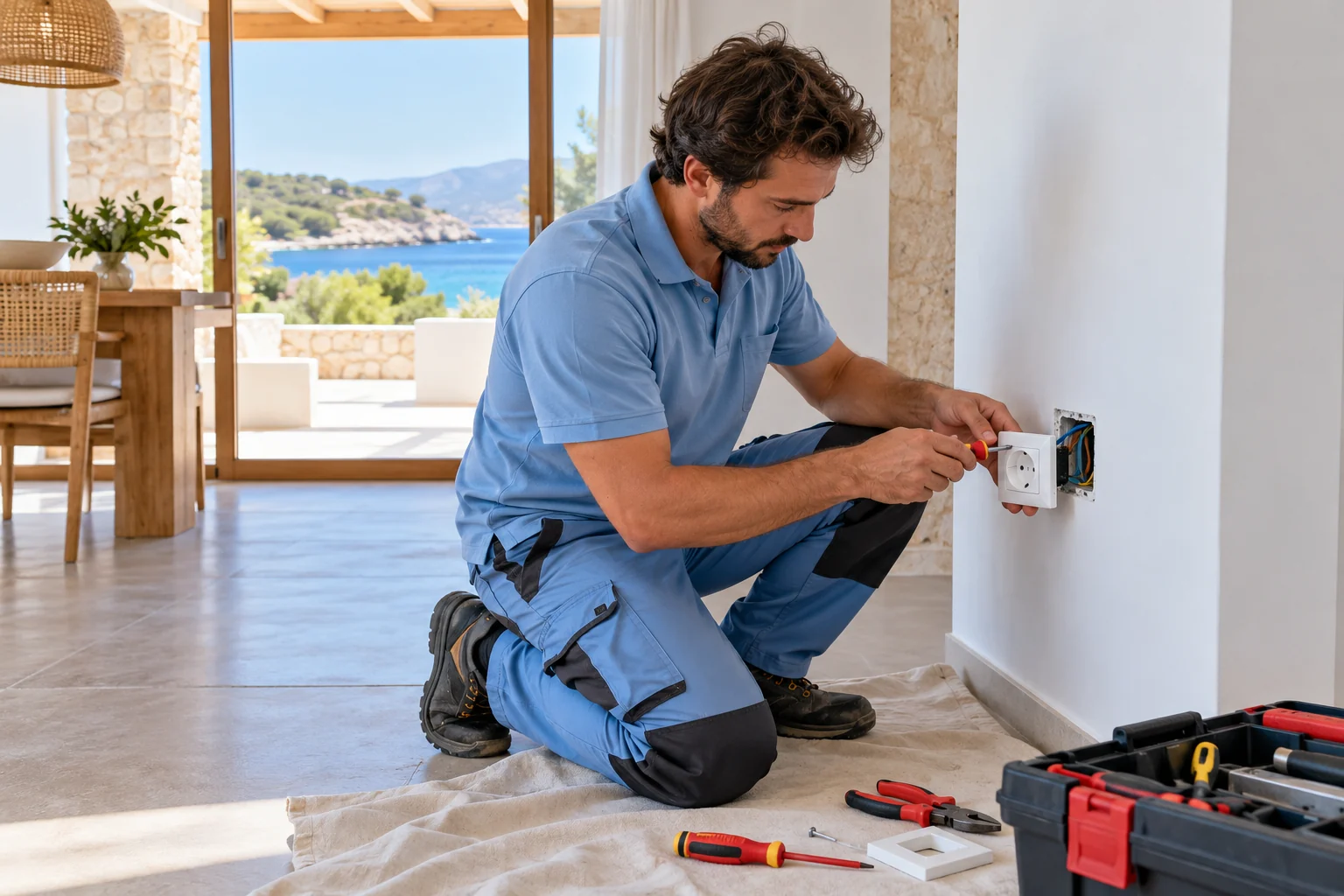 Profesional con uniforme azul: enchufes e interruptores