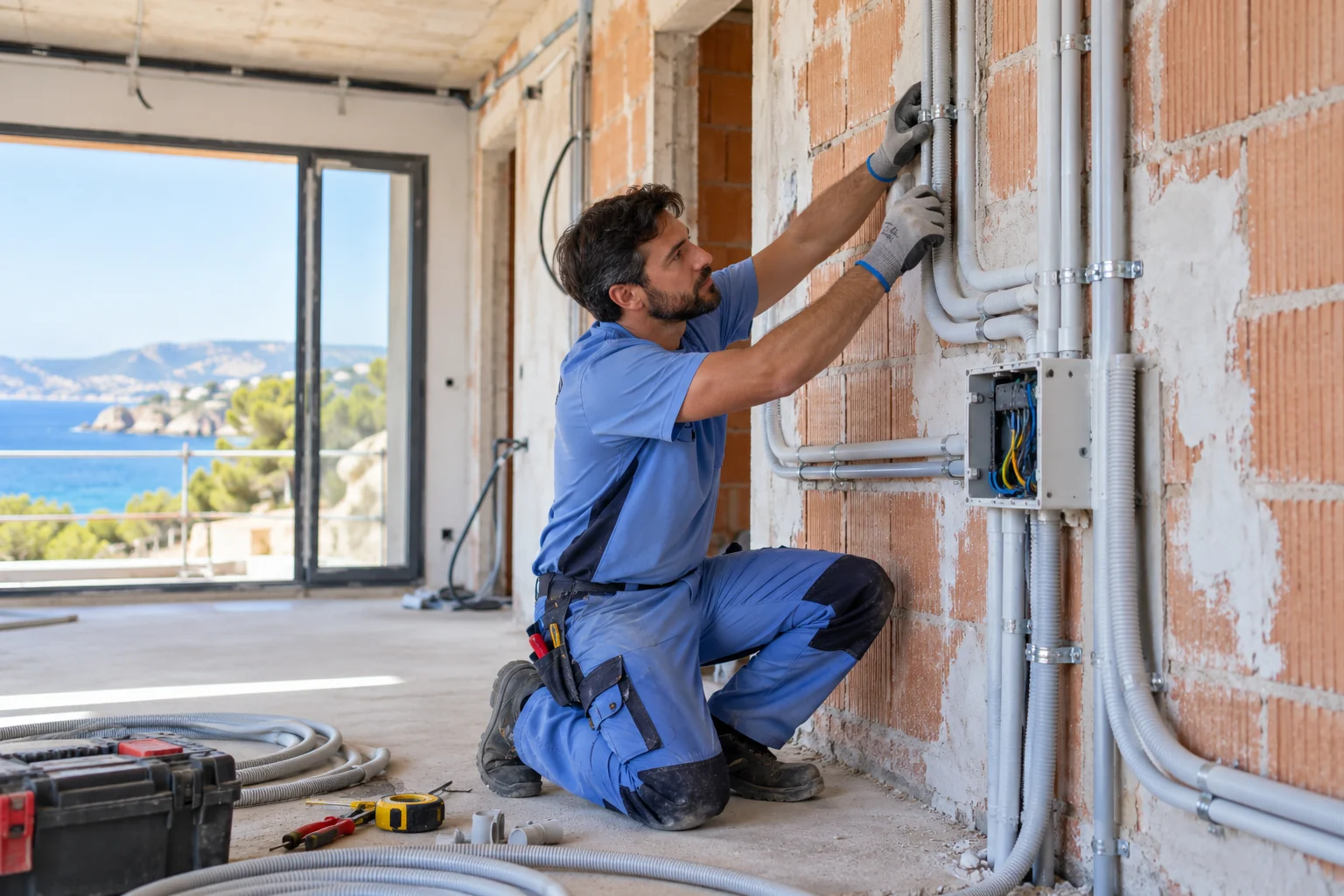 Profesional con uniforme azul: instalaciones eléctricas