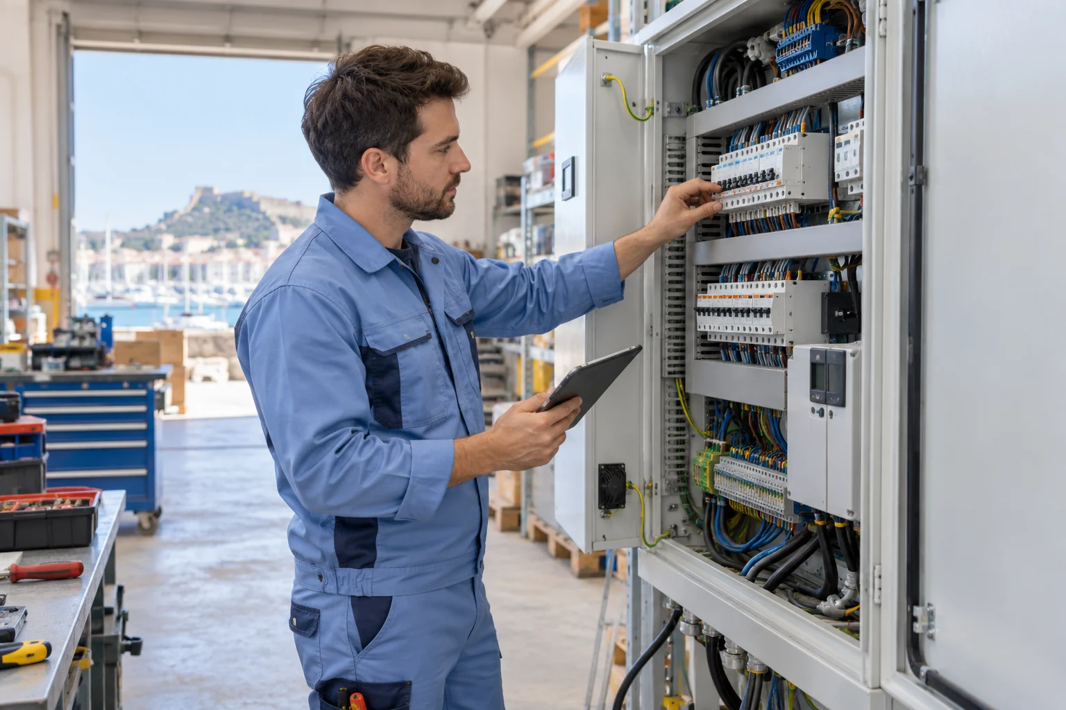 Profesional con uniforme azul: mantenimiento eléctrico